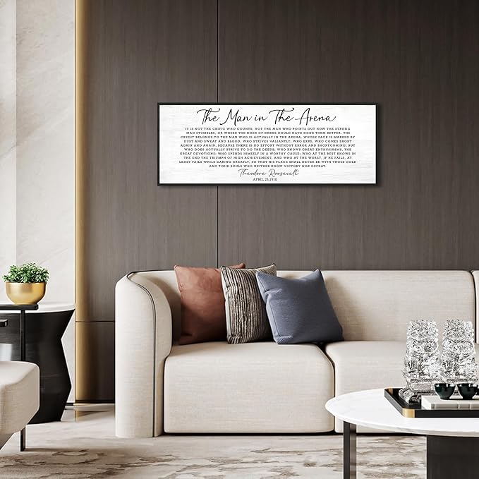 Motivational Wall Art Office Decor: The Man in The Arena Wall Art Canvas Print Framed Poster 32''×12'', Inspirational Gifts for Men, Positive Quotes Wall Decor for Modern Bedroom Living Room