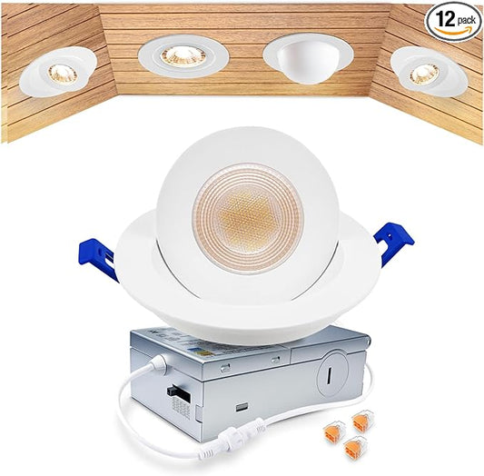 zouzai 1 Pack 4 inch 5CCT LED Gimbal Led Recessed Light with Junction Box, 360°+90° Adjustable Directional Eyeball Lighting, Dimmable, 2700K/3000K/3500K/4000K/5000K, 960LM, 10W=90W-ETL&Energy Star