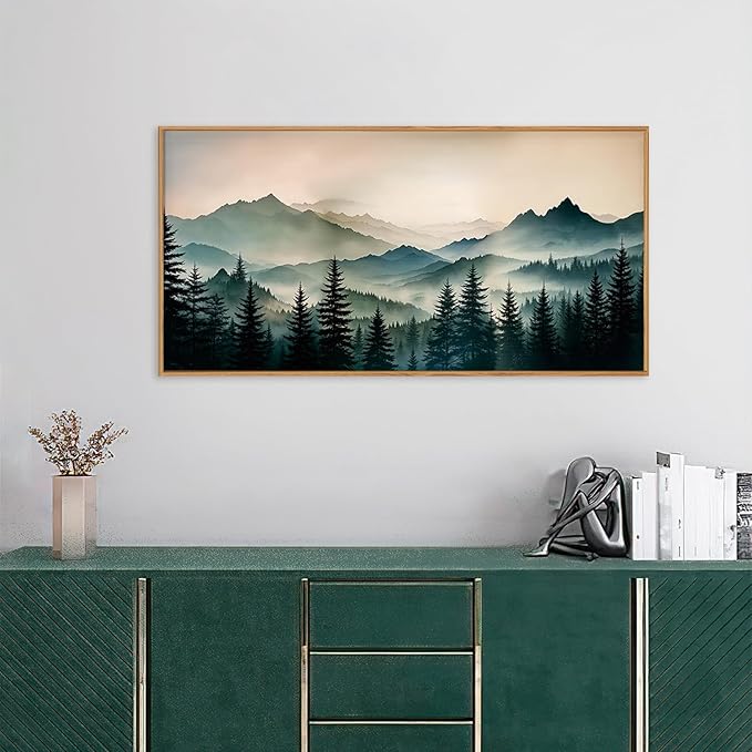 HPNIUB Large Green Mountain Framed Canvas Wall Art,Foggy Forest Wall Decor,Modern Watercolor Boho Pine Tree Wall Painting,Nature Mountains Landscape Art Print for Living Room,Bedroom,Office-20 x40