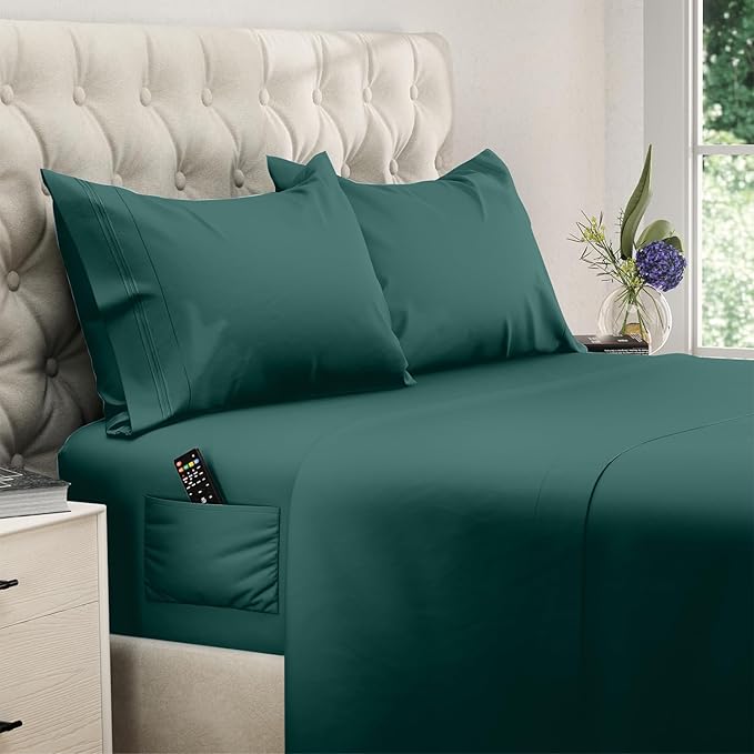DREAMCARE Twin XL Sheets Set - 4 Pcs Cooling Bed Sheets with Up to 15" Deep Pockets - Soft, Long-Lasting 100% Brushed Polyester with Side Pocket (Emerald Green)