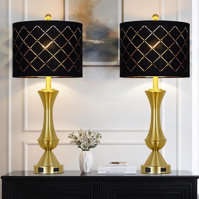 29" Gold Modern Table Lamps Set of 2, 3-Way Dimmable Touch Lamps for Nightstand with USB A+C & Outlets,Brass Lamps for Living Room, Bedroom, Nightstand, Entryway(2 Bulbs Included)