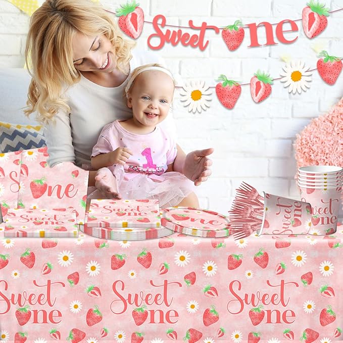 Strawberry 1st Birthday Party Decorations for Girls - Sweet One 1st Birthday Tableware Including Plates,Napkins,Tablecloths Summer Fruit Table Decorations for Berry First Party Supplies