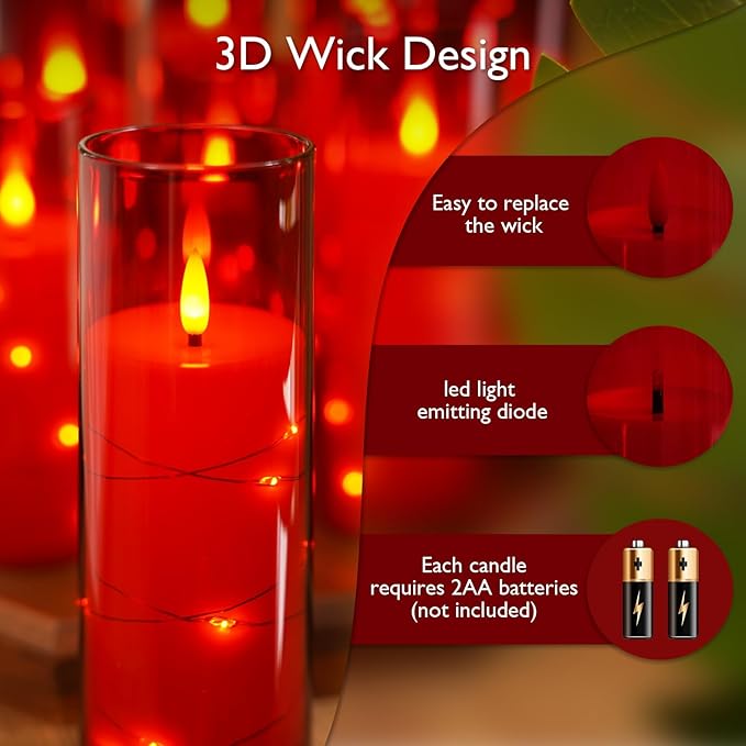 Raycare Flameless Candles with Embedded Star String, 5 Pcs Battery Operated Acrylic Pillar Candles with Timer and Remote, LED Candles for Romantic Ambiance and Home Decoration(Red)