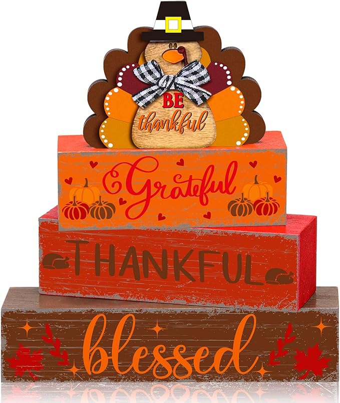 Geelin 4 Pcs Fall Turkey Table Decorations Thanksgiving Turkey Wooden Signs Rustic Harvest Tiered Tray Decor Tabletop Centerpieces Farmhouse Decor for Home Desk Room Kitchen Shelf