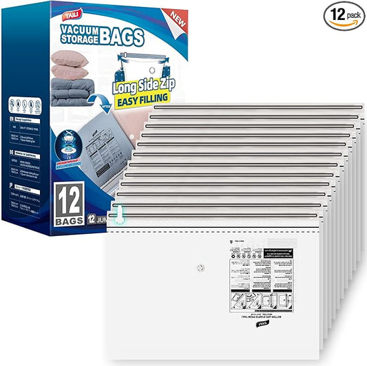 TAILI 12 Pack Jumbo Vacuum Storage Bags, 40x28 inch, Space Saver for Bedding, Blankets, Pillows, Clothes, LONG SIDE ZIP Vacuum Seal Bags for Clothing Ideal Under Bed Storage Solution