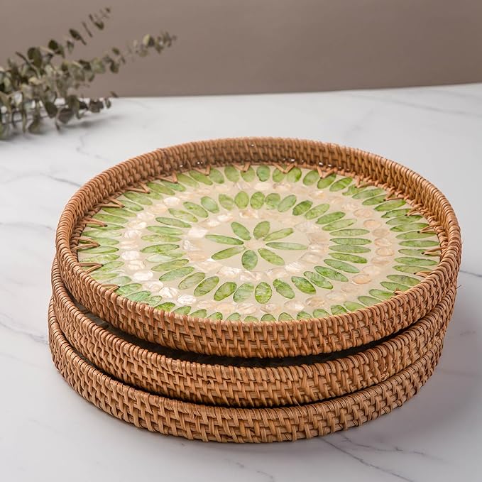 11.8' Wicker Round Rattan Mother of Pearl Serving Basket Tray for Décor Coffee Table | Large Boho Circle Woven Decorative Trays for Outdoor, Home, Kitchen Display (Neon Green)