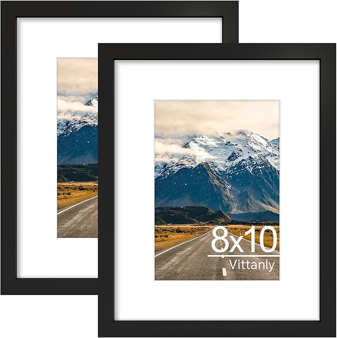 Vittanly 8x10 Picture Frames Set of 2, Display Photo 5x7 with Mat or 8x10 without Mat, Picture Frame for Wall Mount or Tabletop Display, Black