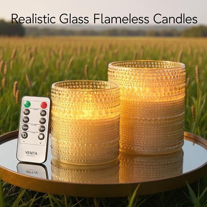 VENTA Flickering Flameless Candles With Remote Control - Led Candles Battery Operated - Battery Operated Candle For Decoration Table, Timer & Dimmer Features, Set - 2Pcs (4",5") (Ivory Dotted Glass)