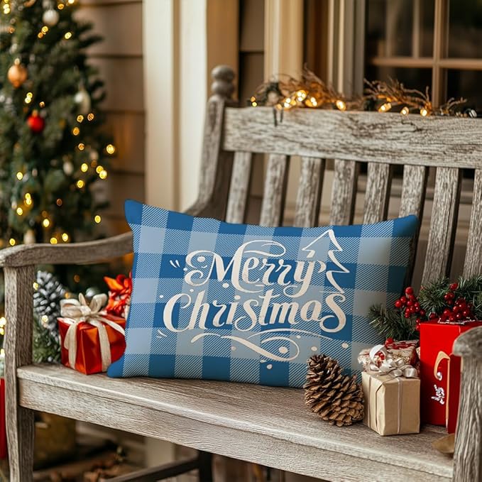 GEEORY Merry Christmas Throw Pillow Covers 12x20 Inch Set of 4, Xmas Trees Truck Blue Buffalo Plaid Believe Farmhouse Decorative Cushion Cases for Home Decoration G594-12