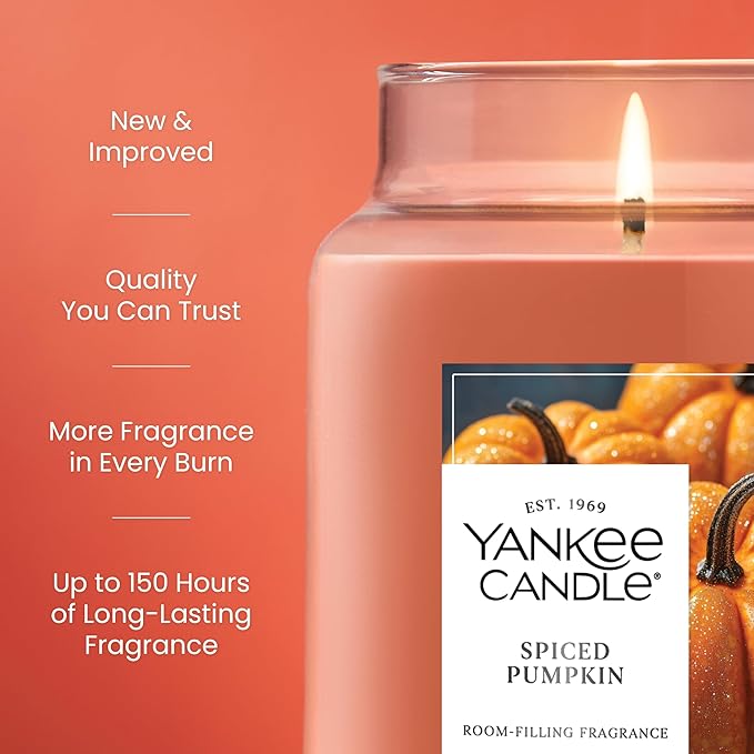 Yankee Candle Large Jar Scented Candle with up to 150 Hour Burn Time, Premium Plant Wax Blend for Consistent Burn, 22 oz Jar Candle with Room Filling Fragrance, Spiced Pumpkin