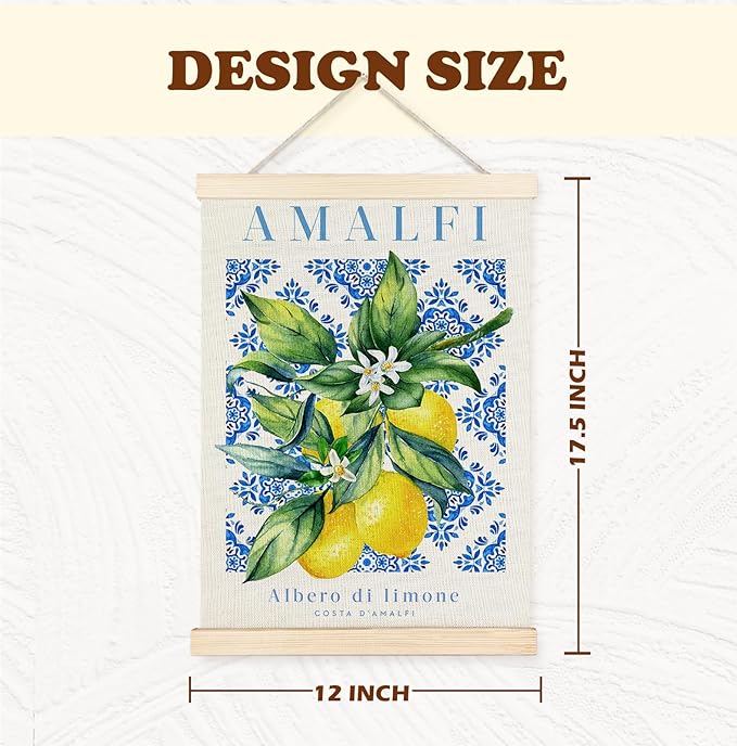 Yomisex Italian Amalfi Coast Lemon Wall Art Poster, Blue and White Floral Mediterranean Tiles Lemons Tree Canvas Prints Wall Art Framed for Home Kitchen Dining Room Decor, 12x16 Inch