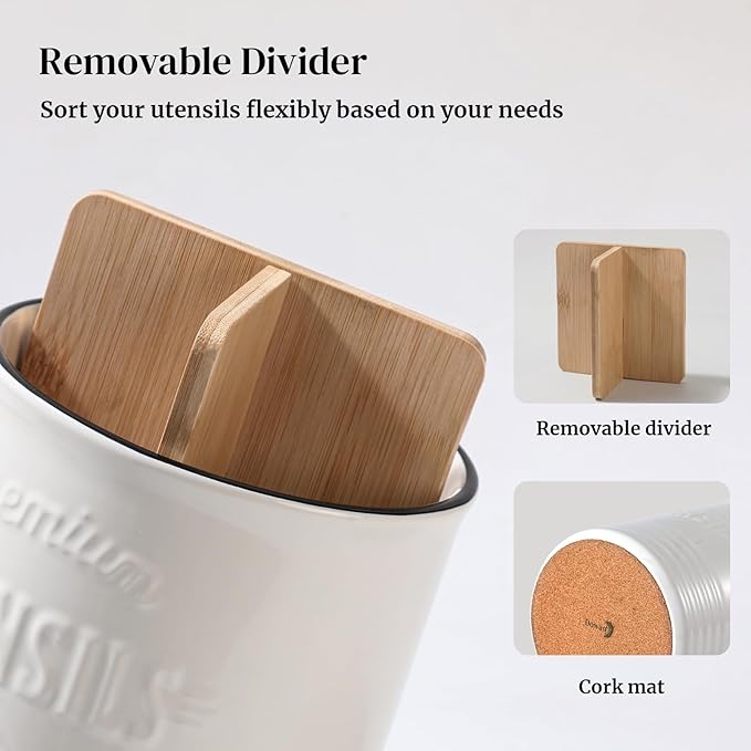 DOWAN Kitchen Utensil Holder, 7.2″ Extra-Large Ceramic Stable Utensil Caddy, Rustic Cooking Utensil Crock for Farmhouse Kitchen Décor, Utensil Holder for Countertop (White with devider, 7.2 Inch)
