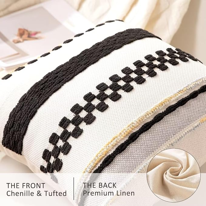 Boho Throw Pillow Covers 18x18 Set of 2 Farmhouse Decorative Cushion Case Striped Square Pillows Cover Chenille Pillow Cases Accent Neutral Pillowcase for Sofa Couch Bed,Black