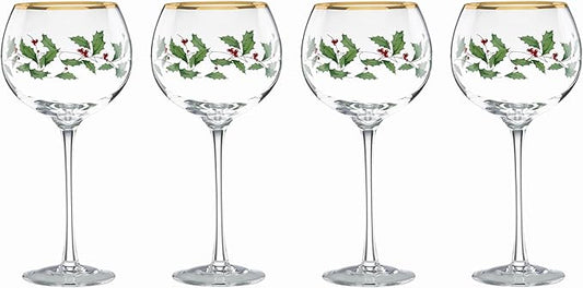 Lenox Drinkware, Holiday 4-Piece Wine Balloon Glass Set, Set Of 4, 16 Oz Capacity, Made From Glass, Festive Red Christmas Design, Hand Wash Only, Christmas Decorations, Winter Decor (4 Piece)