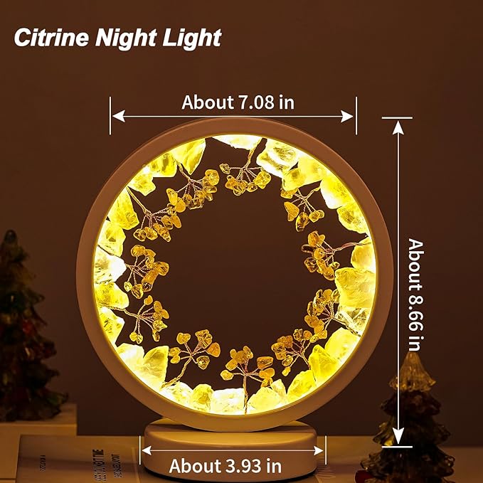 Runyangshi Natural Crystal Citrine Small Tree Round White Frame Tri-Color Ambient Light Home Decoration Night Light Healing Decor Gift