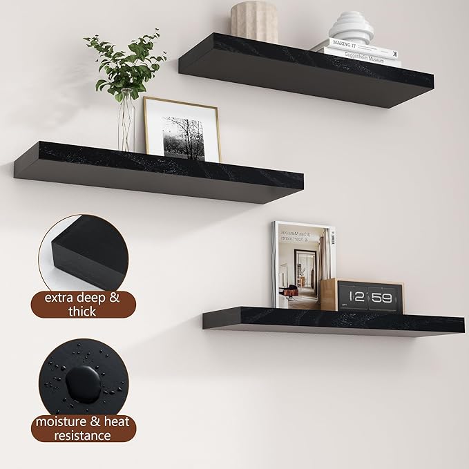 24 Inch Black Floating Shelves for Wall, Solid Wood Wall Shelves Set of 2, Modern Black Shelves Display Ledge Shelves for Bedroom Bathroom Living Room Kitchen Decoration Storage - Black