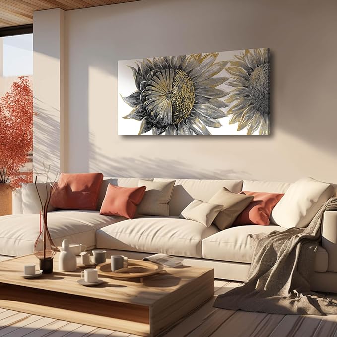 sunflower wall art black art Floral Canvas Wall decorations Canvas Art Wall Decor botanical wall art plant pictures for women girls room 24"x48"
