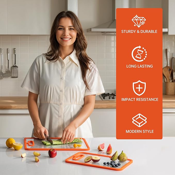 Glass Cutting Board for Kitchen, 2Pcs Tempered Glass Chopping Board with Non-Slip Edges, Dishwasher Safe Clear Cutting Board Set for Countertop, Heat & Shatter Resistant, 15"×11" (Orange)