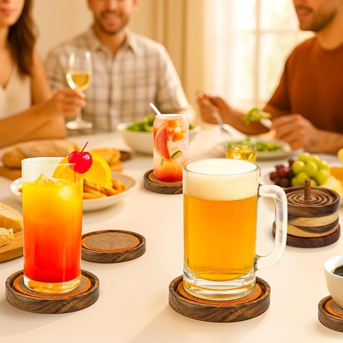 Wooden Coasters Set of 6 with Holder (3.9") – Rustic Acacia Drink Coasters with Water Groove & Non-Slip EVA Base – Gift-Ready for Coffee Table, Bar & Kitchen Decor