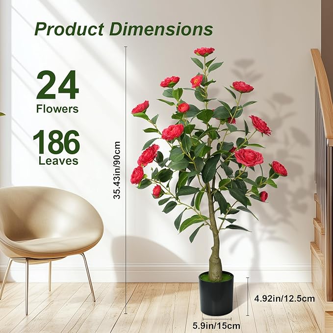 3ft Artificial Camellia Tree with White Silk Flowers - Realistic Faux Flowering Plant for Indoor/Outdoor Decor, Home Staging & Wedding Centerpieces, Set of 2-Red