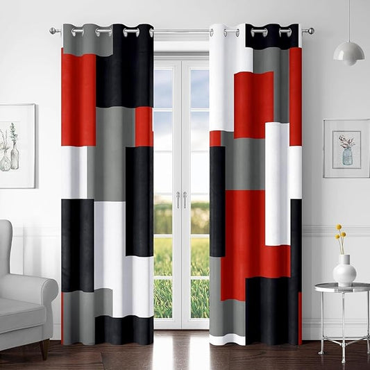 Red Black 100% Blackout Curtains for Bedroom 96 inch Long 2 Panels Set White Grey Modern Abstract Geometric Black Out Curtains Insulated Room Darkening Window Drapes for Living Room, 52Wx96L