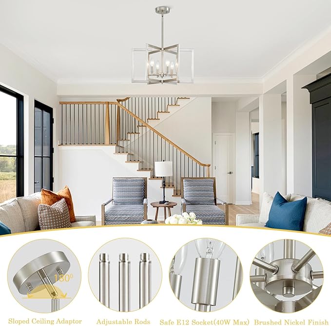 Brushed Nickel Chandelier 6-Light Modern Geometric Metal Lighting Fixture for Dining Room Kitchen Island Living Room Entryway Hallway Bedroom, 20 Inch Adjustable Pendant Ceiling Hanging Lamp