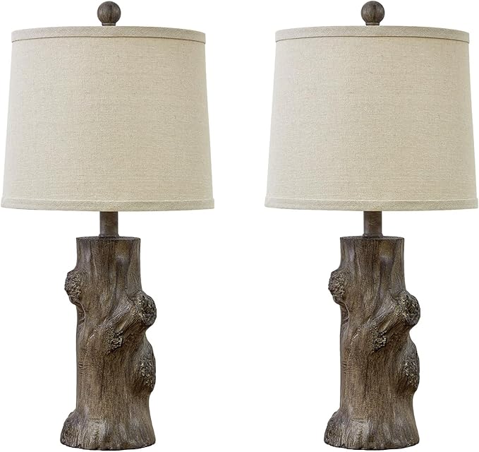 OYEARS 23"Resin Table Lamps for Living Room Set of 2 Country Cottage Farmhouse Lamp for Bedroom Tree Trunk Wood Grain with Oatmeal Fabric Round Shade Vintage Rustic Traditional Nightstand Bedside Lamp