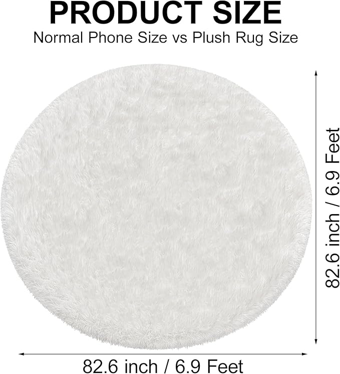 7x7 ft Tie Dye White Round Rug for Bedroom Room Fluffy Circle Rug Furry Carpet Shaggy Circular Fuzzy Washable Non-Slip Large Area Rug Soft Indoor for Living Room Cute Aesthetic Home Decor