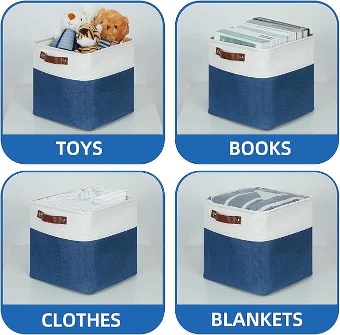 Temary Fabric Storage Cubes 11x11 Cube Storage Bins 4Pack Blue Storage Baskets for Organizing Home, Closet, Empty Gift Baskets with Handles (White&Blue)