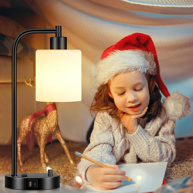 Set of 2 Industrial Table Lamps with USB C+A Ports and Outlet, Black Fully Stepless Dimmable Bedside Lamps, Nightstand Lamp with Opal Glass Shade for Reading Office (2 LED Bulb)