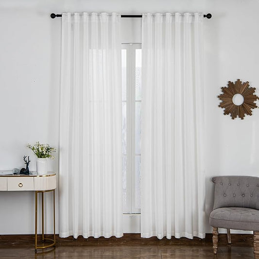 Off White Thick Linen Semi Sheer Curtains 102 Inches Long, 50 Inches Width, Elegant Light Filtering Drapes Set of 2, Floor to Ceiling Window Curtain with Hooks for Track System