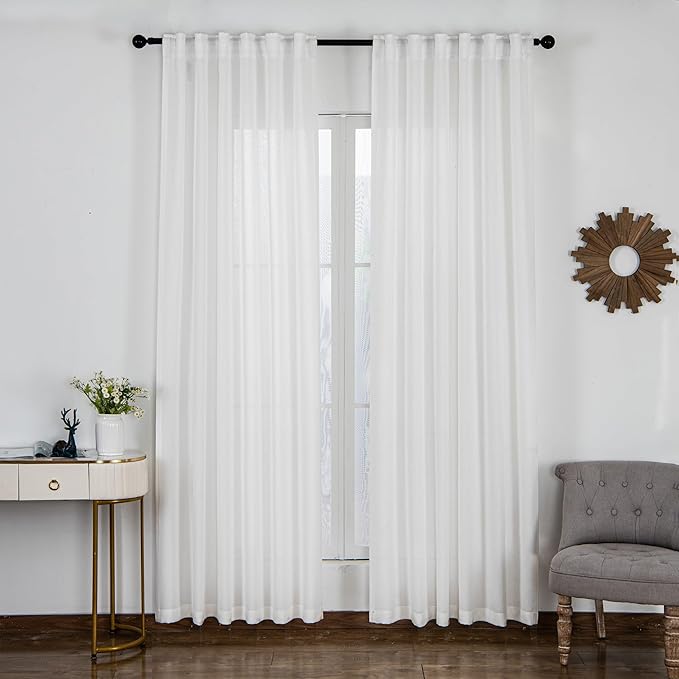 Off White Thick Linen Semi Sheer Curtains 84 Inches Long, 50 Inches Width, Elegant Light Filtering Drapes Set of 2, Window Curtain with Hooks for Track System
