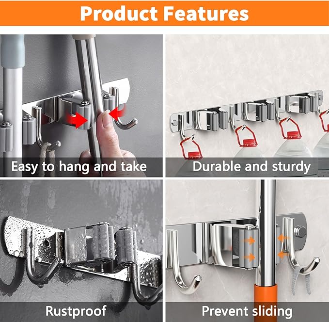 2 Pack Mop and Broom Holder Wall Mount, Non-slip Broom Hanger Wall Mount, Heavy Duty Mop Broom Organizer for Kitchen Garden Garage Laundry Room Wall Decor Organization and Storage Silver 4R5H
