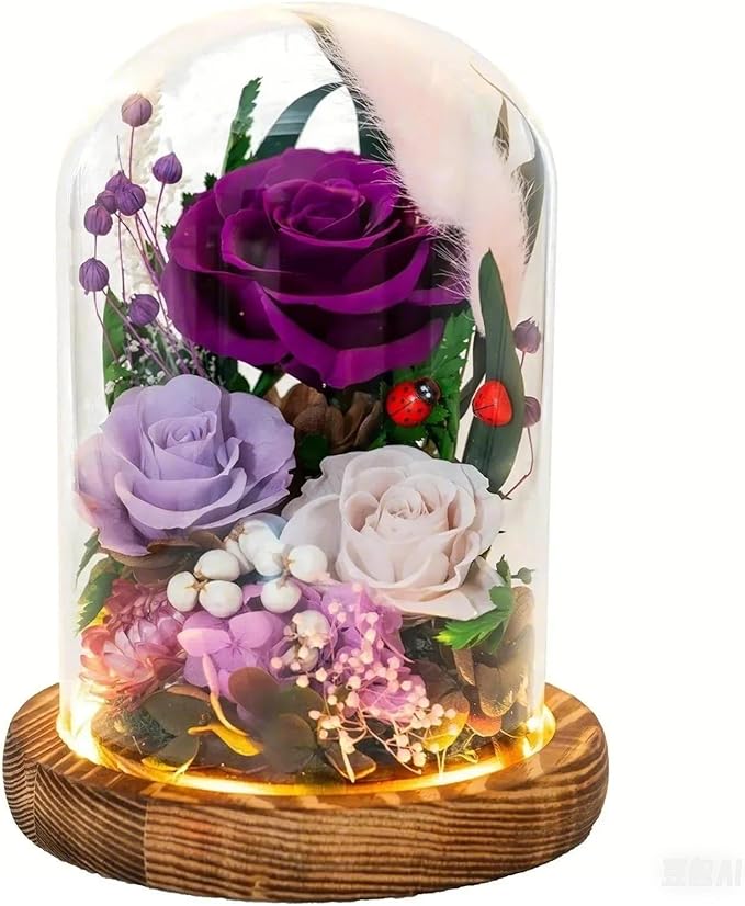 Forever Flowers with Symbolic Ladybugs: Preserved Flowers Gift for Women-Romantic Table Centerpiece-Valentines, Anniversary, Mothers Gifts for Her-Flowers for Delivery Prime (Purple)