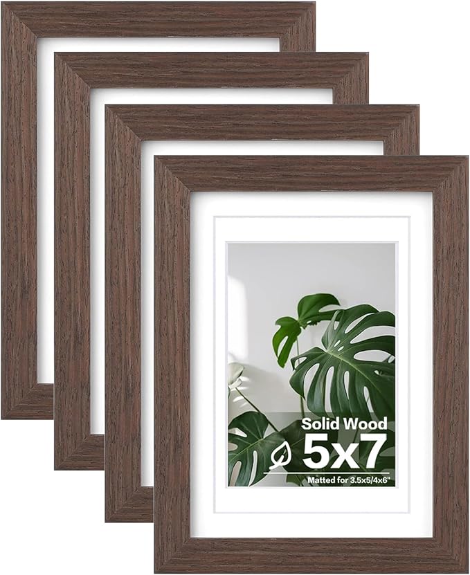 Egofine 5x7 Picture Frames Set of 4, Made of Solid Wood Covered by Plexiglass 3.5x5 and 4x6 with Mat or 5x7 without Mat, for Table Top Display and Wall Mounting Photo Frame Brown