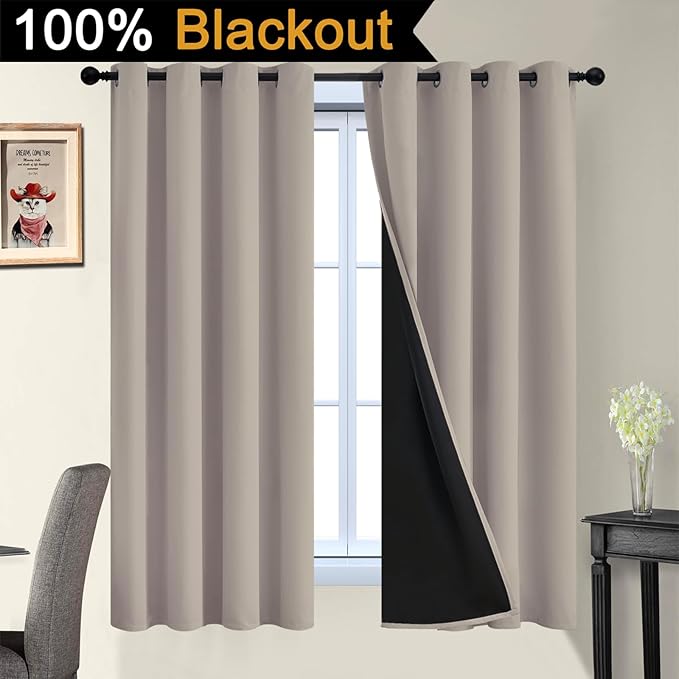 Yakamok 100% Blackout Curtains 63 Inches Long, 2 Thick Layers Heat and Full Light Blocking Soft Thermal Insulated Drapes for Bedroom(52" Wide Each Panel, Natural, 2 Panels)