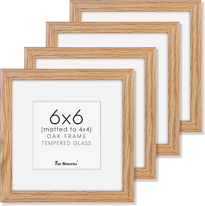 6x6 Picture Frames, Solid White Oak Wood Frame 6 x 6 with Stand for Wall & Tabletop Display, Rustic Wooden Photo Frame 6 by 6 with Real Glass, 6x6 Frame Matted to 4x4, Natural Color, Set of 4