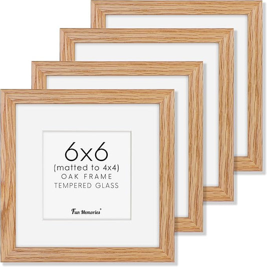 6x6 Picture Frames, Solid White Oak Wood Frame 6 x 6 with Stand for Wall & Tabletop Display, Rustic Wooden Photo Frame 6 by 6 with Real Glass, 6x6 Frame Matted to 4x4, Natural Color, Set of 4