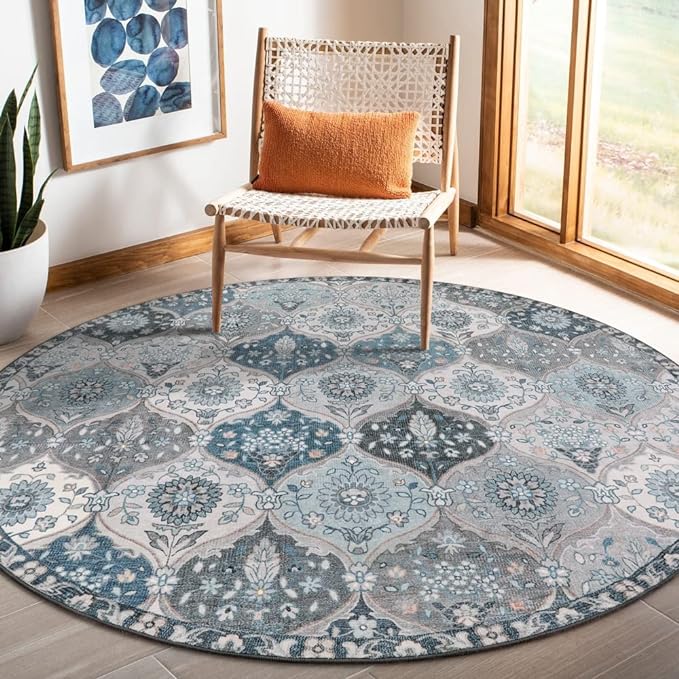 Lahome Moroccan Trellis Round Rug, 5ft, Blue, Faux Wool, Machine Wash, Non-Slip Backing, Low Pile, Floral Pattern, Area Rug for Bedroom, Living Room, Bathroom