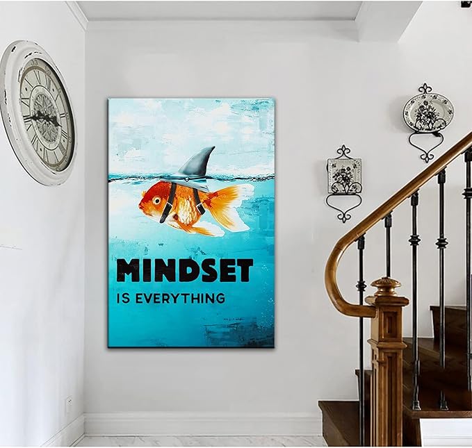 Mindset is Everything Poster Inspiration Wall Art Goldfish Pictures Big Shark Canvas Painting Poster Print Artwork Modern Home Decor for Living Room Bedroom Office Framed Ready to Hang [24''W x 36''H]