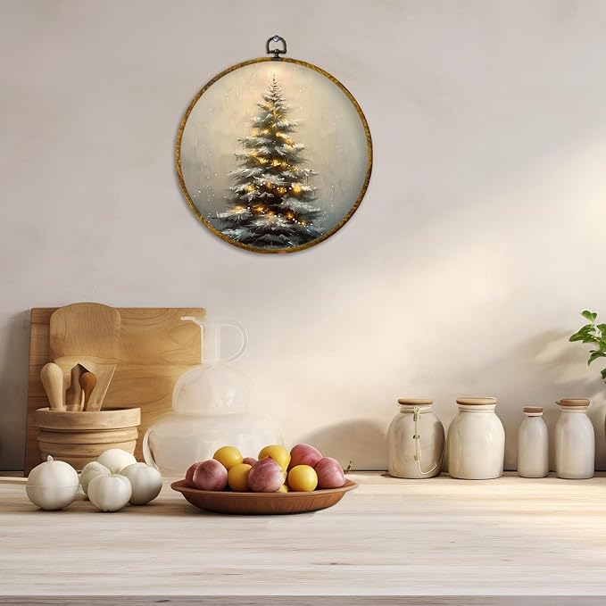 CUANFDDSF Vintage Christmas Tree Round Wall Art Decor, Rustic Cottagecore Forest Winter Xmas Tree Wall Hanging Frame Decor, Farmhouse Christmas Canvas Prints Decorations for Home Bedroom, 10x10 Inch