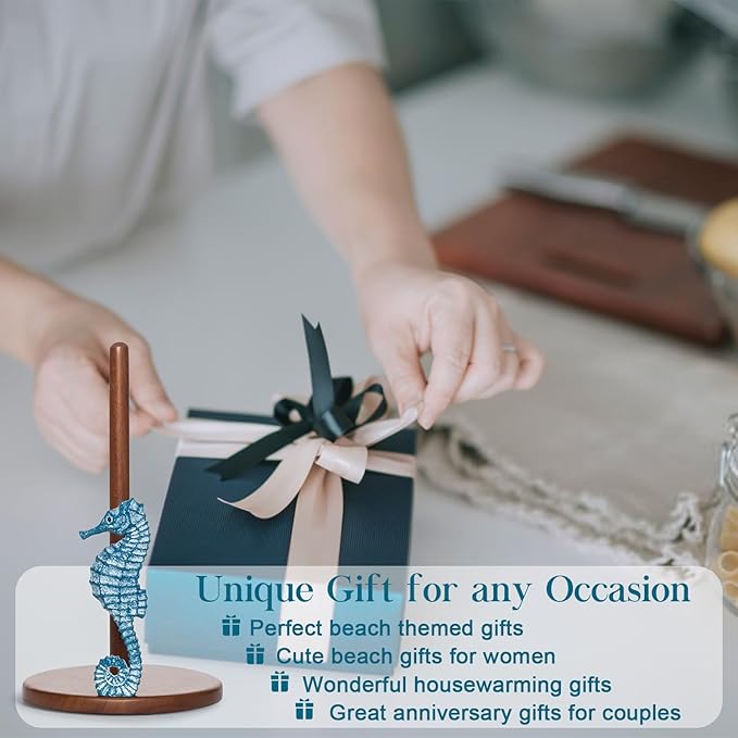 Seahorse Paper Towel Holder - Beach House Decor Unique Coastal Decor Seahorse Gifts for Women, Funny Cute Paper Towel Holder Stand Wood Kitchen Countertop Bathroom Decor Blue Coastal Kitchen