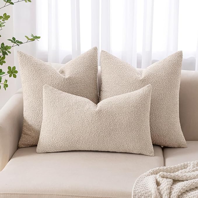 MIULEE 12x20 Inch Decorative Lumbar Throw Pillows for Bed Set of 2 Textured Boucle Neutral Throw Pillow Covers Oatmeal Accent Solid Pillowcase Cozy Soft Sofa Livingroom Home Decor