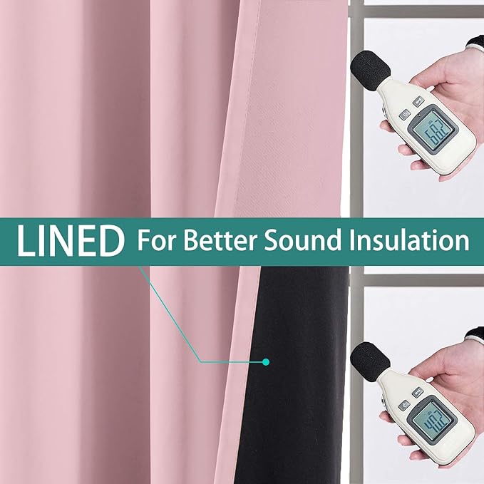 Yakamok 100% Blackout Curtains Energy Saving Thermal Insulated 2 Thick Layers Completely Blackout Drapes with Black Liner for Bedroom (52Wx63L, Pink, 2 Panels)
