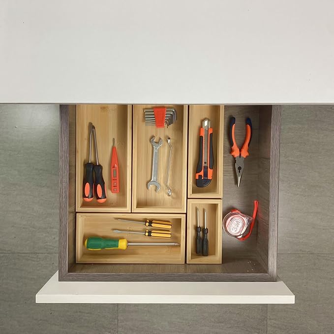 bamboo drawer organizer Set，expandable drawer dividers,wooden storage organizers,large trays for kitchen, bathroom,flatware,Tea Bag Organizer (2 X 5PCS Natural)