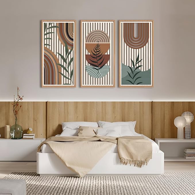 IARTTOP Large Boho Wall Art Set Of 3 Framed Mid Century Modern Wall Decor Abstract Geometric Wood Wall Art For Bedroom Living Room Office 16"x 32"