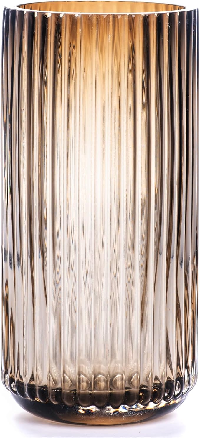 Flower Vase 7.5 inch Amber Thickened Hand Blow Glass Vase Round Vintage Striped Bottles for Bookshelf,Dinner Table,Indoor Office Desktop,Meeting Room,Bathroom,Countertop,Home