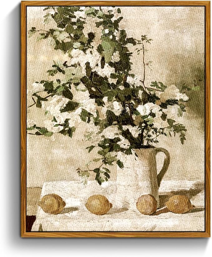 crmotu Vintage Framed Wall Art, Still Life Floral Kitchen Decorations Painting, Lemons and Flowers Canvas Botanical Prints, Retro Wall Pictures for Bedroom Bathroom Farmhouse Office Desktop 8x10in