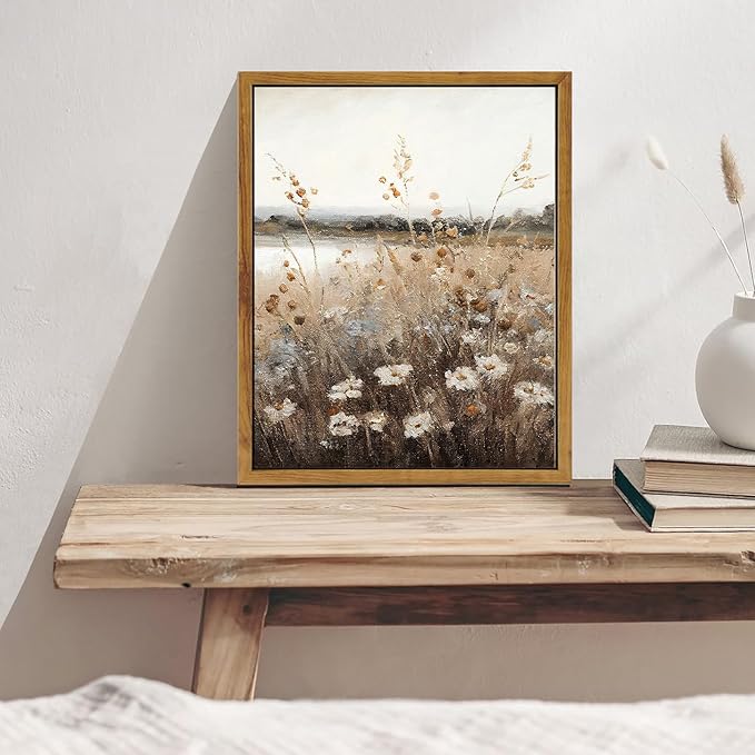 KBKBART Vintage Wall Art Framed, Retro Countryside Autumn Wildflower Field Landscape Canvas Painting Farmhouse Decor Wall Art, Rustic Fall Landscape Bathroom Wall Decor for Bedroom Living Room,