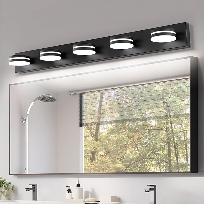 5 Light Bathroom Vanity Light, 30W LED Black Bathroom Light Fixtures Over Mirror, Dimmable Bath Lights, Wall Sconce Light with Milky White Acrylic Shades, Rotatable Lights Head